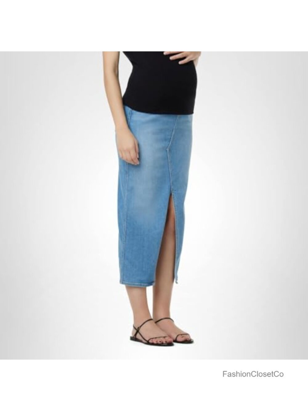 Hudson Maternity Midi Denim Skirt with Over-the-Belly Band and Front Slit,